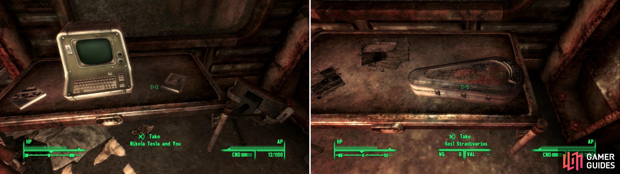 This copy of Nikola Tesla and You is one of the treasures you can find in the flooded ruins of Vault 92 (left), but the Soil Stradivarius is the real prize (right).