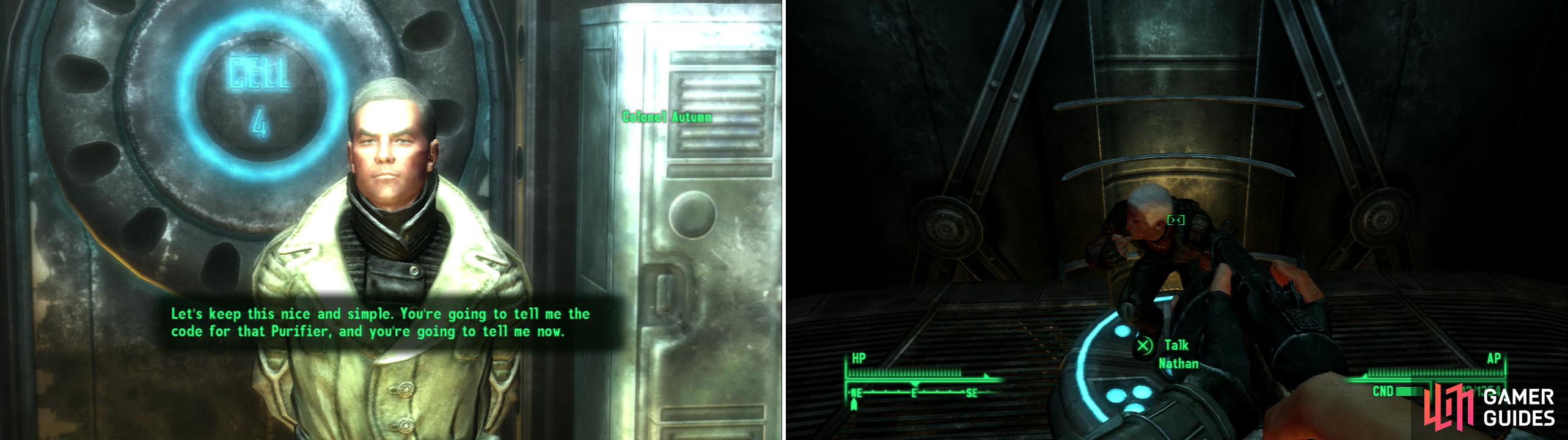 When you come to, you’ll be interrogated by Colonel Autumn (left). Nathan, from Megaton, seems to have a different opinion of the Enclave now that he’s in their custody (right).