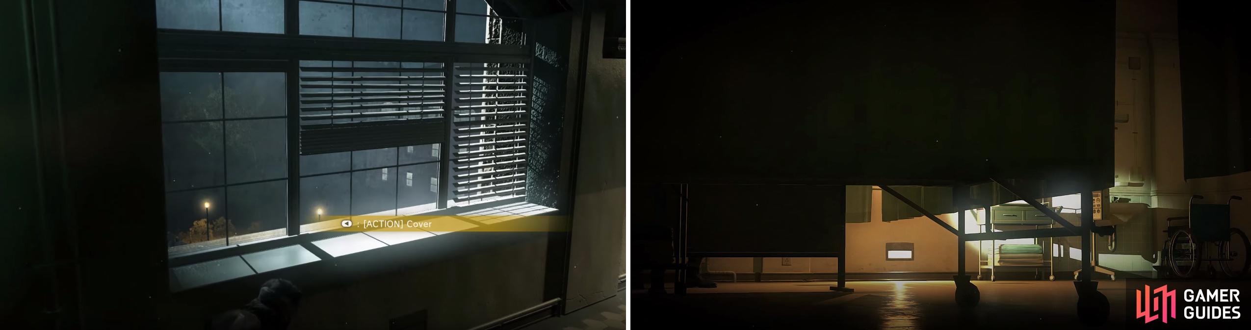 Bypass the searchlights by crouching (left). Later, hide behind the curtains to avoid the guards (right).