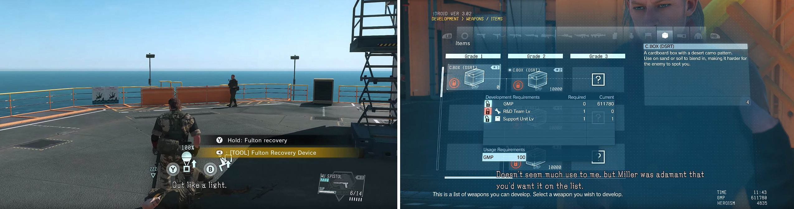 Fulton Recovery (left) is essential for making progress in Mother Base. You can develop items on the fly using your iDroid (right).