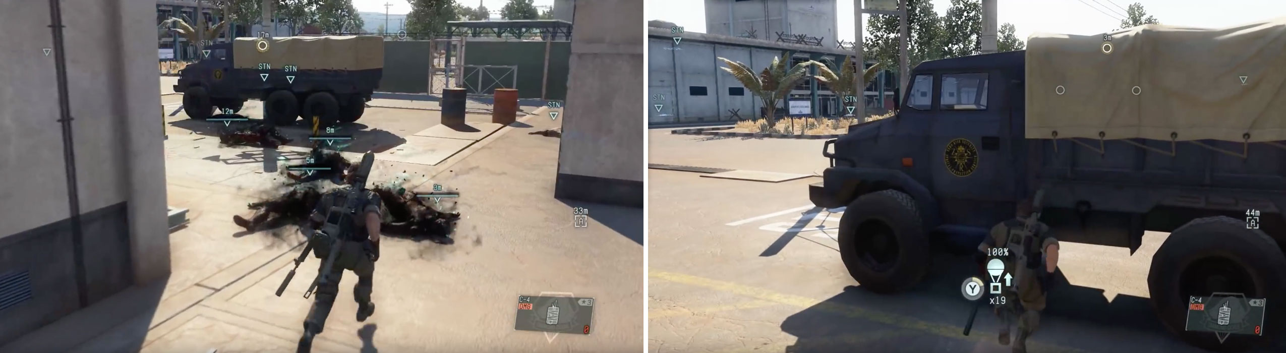 You can use C4 to kill the Skulls (left) then drive out of the hotzone or Fulton extract the truck (if you have the Fulton 3 upgrade) (right).