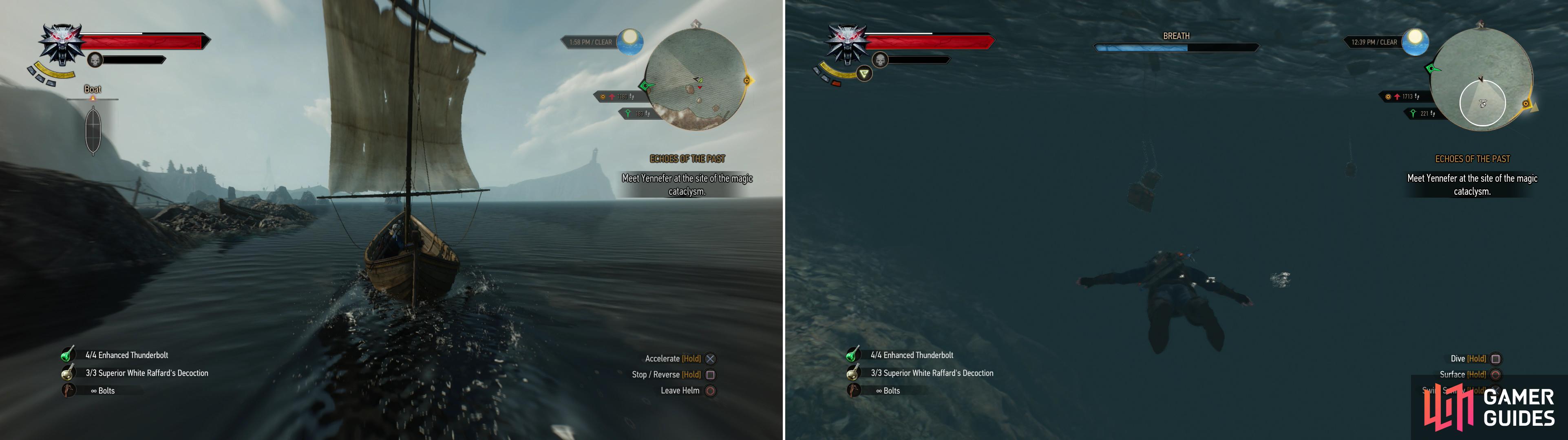 A good bit of exploration in Skellige will by done by boat, instead of on foot (left). Be sure to seek out Smuggler’s Caches as you go to score sweet loot (right).