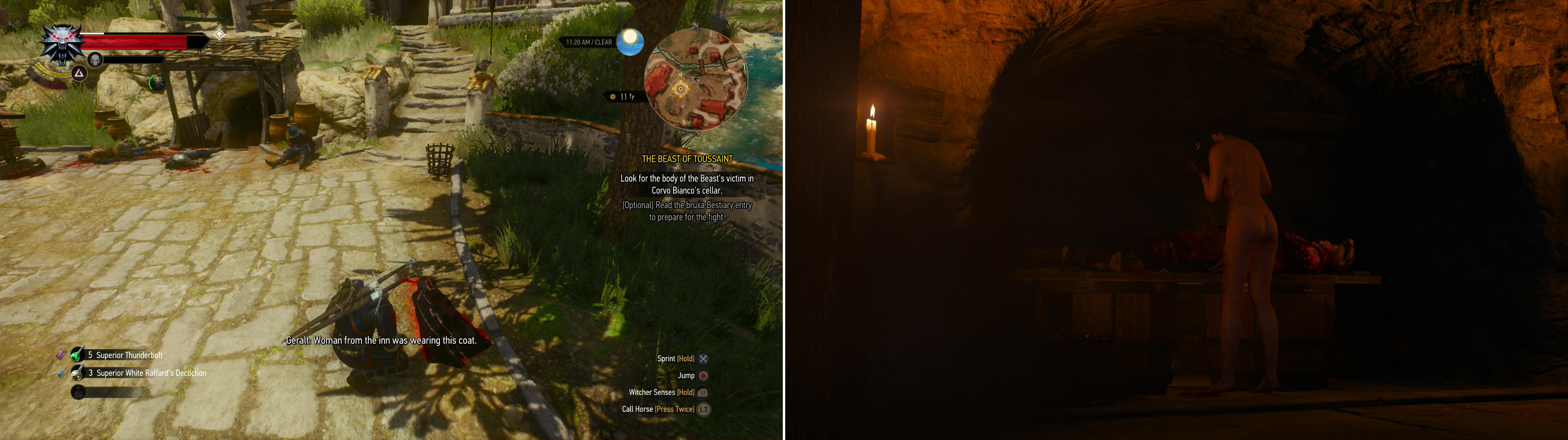 Search the clues around Corvo Bianco (left) and follow them into the cellar, where you’ll find the corpse from the river… and the other being searching for it (right).