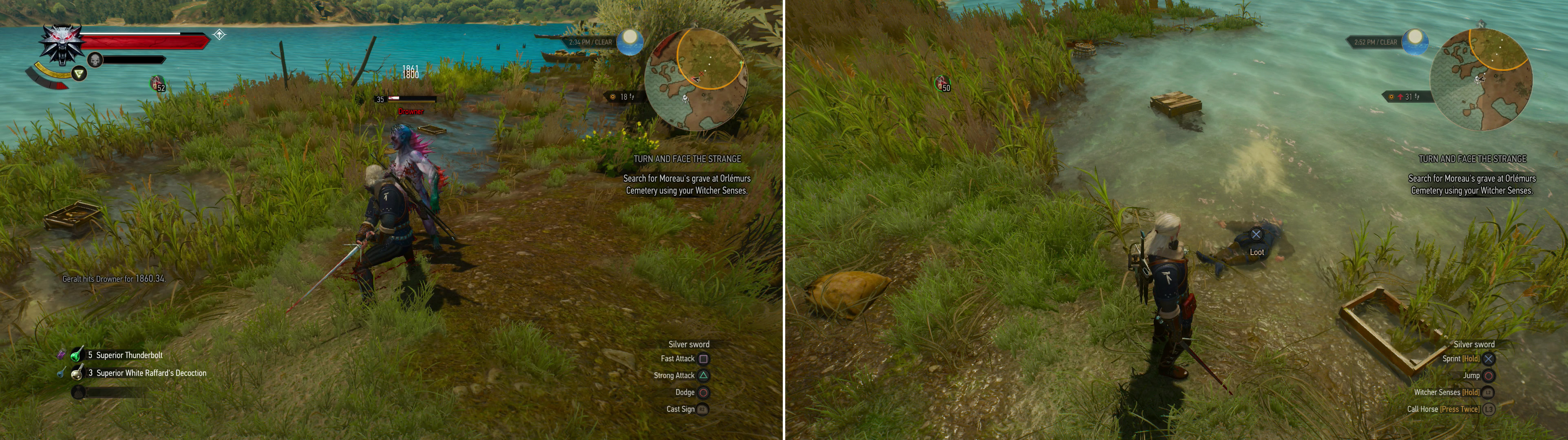 Kill the Drowners by the shore (left) then search a body in the water to start the quest “Treasure Hunt: The Last Exploits of Selina’s Gang” (right).