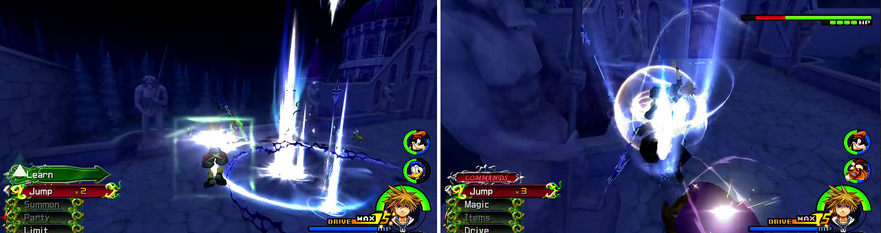 Watch for the Learn Reaction Command (left). You can use this to acquire uses of Jump (right) to do some serious damage.