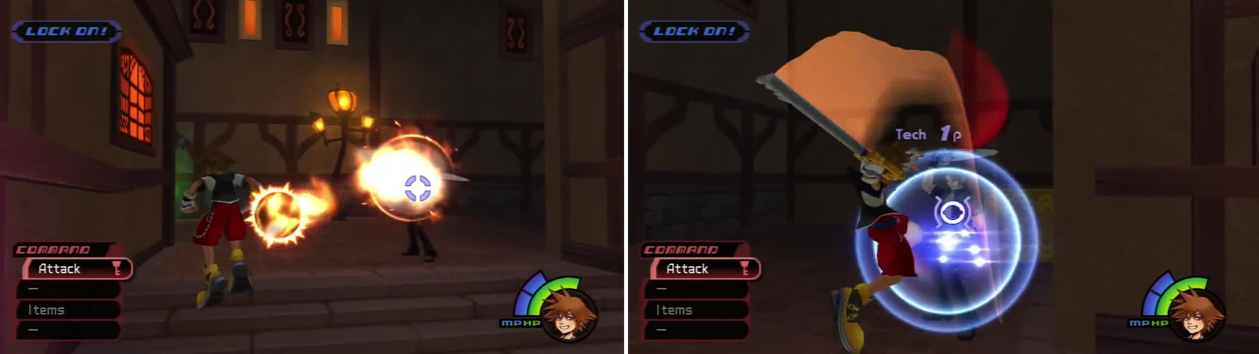 Leon will cast Fire at you (left) but his attack can be parried (right) for a Tech point.