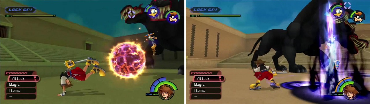 Cerberus unleases meteors to attack you (left) and spews darkness from his mouth (right).