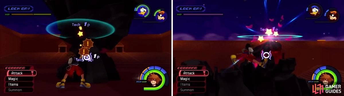 Sora hacks away at the Rock Titan’s foot (left) until it falls over. Once it sits, Sora goes for the head (right).