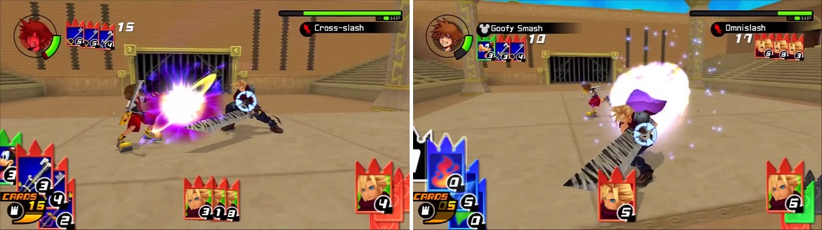 Cloud hits Sora with his Cross-Slash sleight (left) and misses with Omnislash (right).