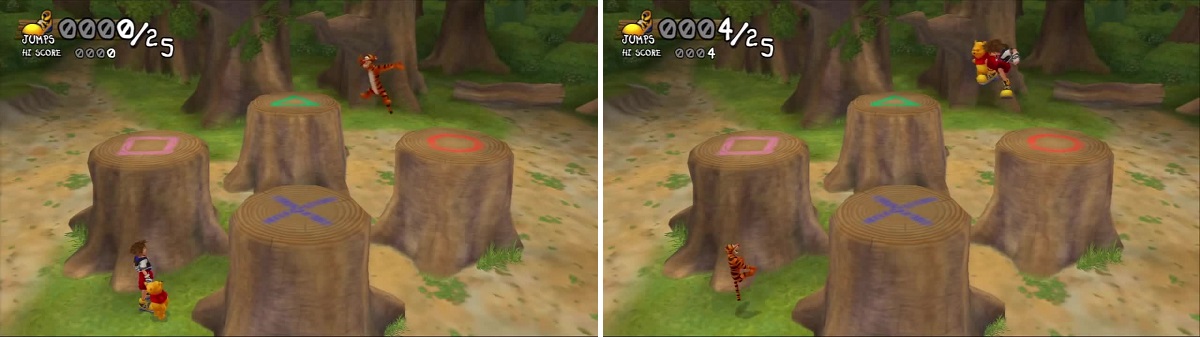 Tigger jumps from stump to stump (left) and Sora needs to follow along (right).