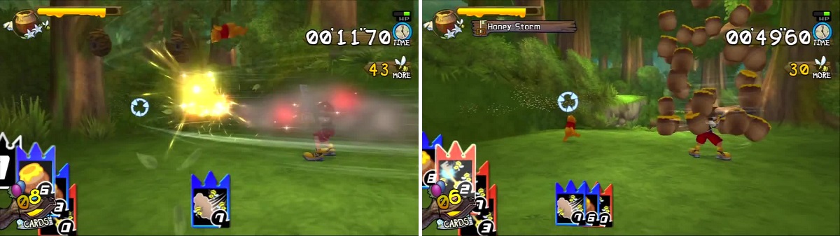 Sora uses a Wind Card to blow the bees away (left). Honey Storm unleashes a number of honey pots at the bees (right).