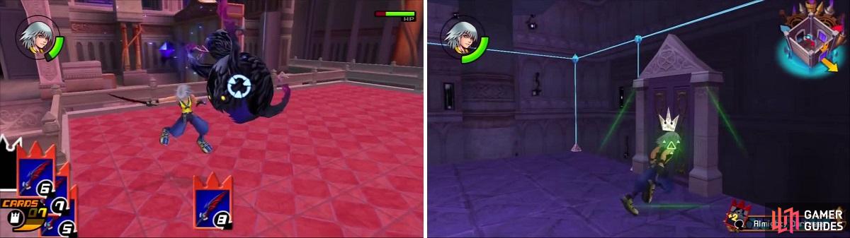 Start off by leveling up and becoming aquainted with Riku’s fixed deck (left). Riku heads toward the Room of Beginnings (right).