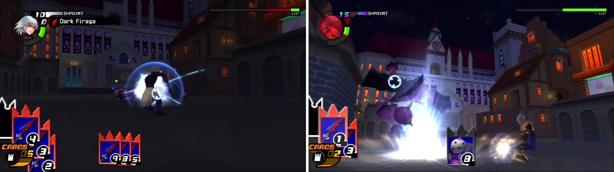 Dark Riku has come sleights that he uses like Dark Firaga (left). Guard Armor does a body slam that hits Riku (right).