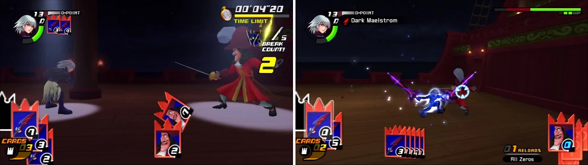 Captain Hook is challenged to a duel (left) and loses, allowing Riku to attack with Dark Maelstrom (right).