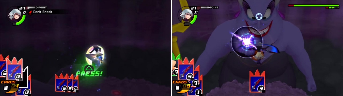 Dark Break can deal decent damage to the tentacles (left). Once the tentacles are finished, Ursula leans in for easy shots (right).