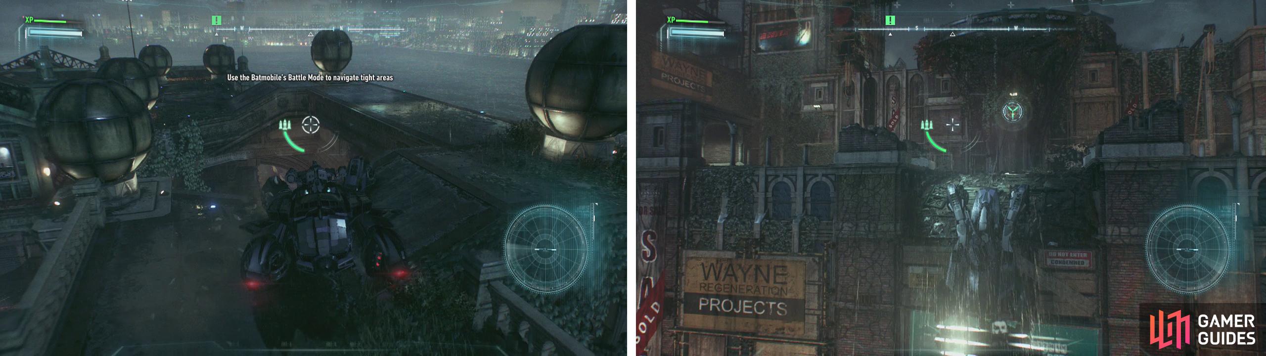 Use Battle Mode to manouver across the rooftop (left). Drive up the wall whiclst attached to the anchor point (right).