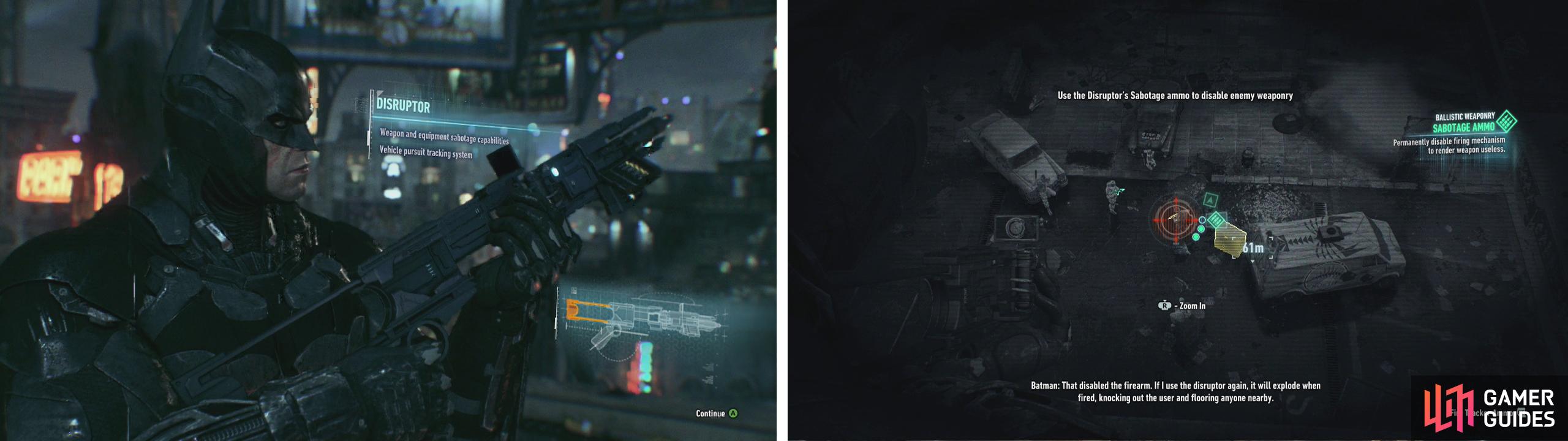 After getting the Disruptor (left) you’ll be able to sabotage enemy weapons and weapon crates (right).