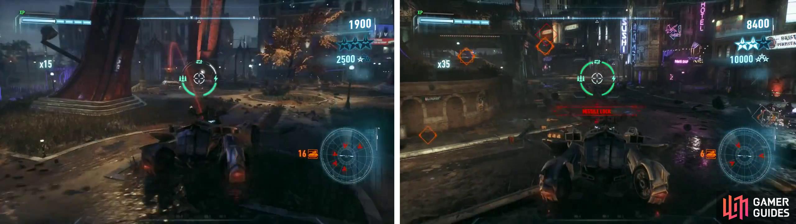 Target the Mambas (left) as a priority. Use a Missile Barrage to defeat several enemies at once (right).