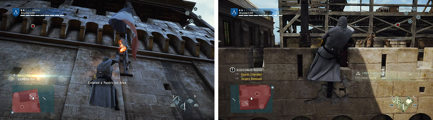 Burn the flag on the tower and continue along the wall to ledge assassinate another sniper.