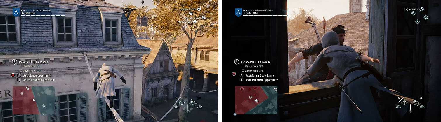 Cross the rooftops to enter the brown roofed building and kill the sniper. You can clearly see the other sniper in the background that you need to sneak up on next (right).