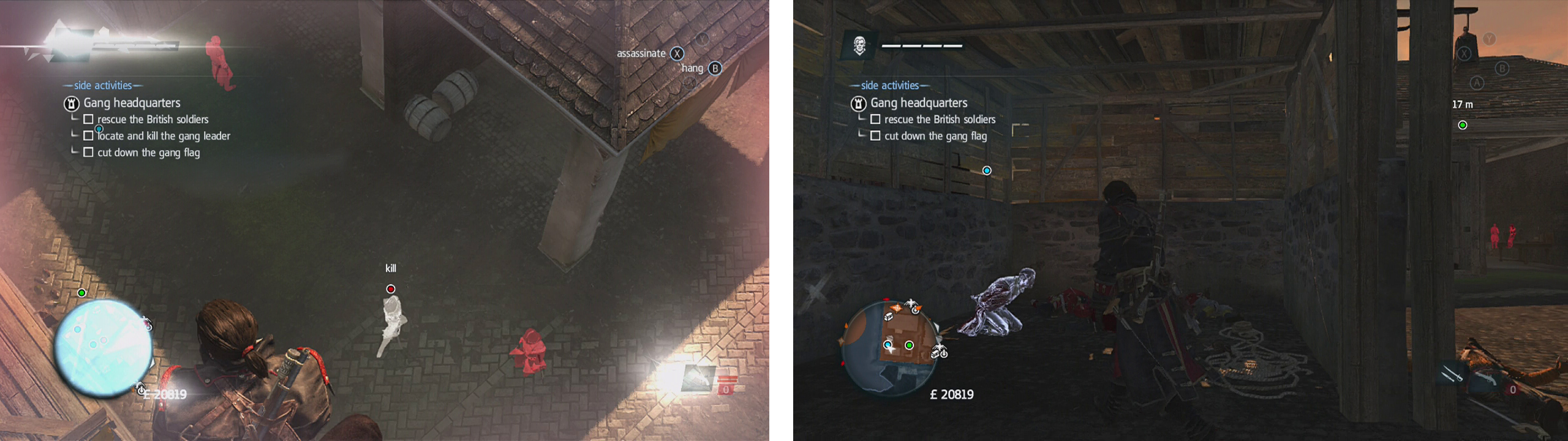 Air assassinate the leader when you get the chance (left). Enter the building below the flag to find and free the hostage (right).