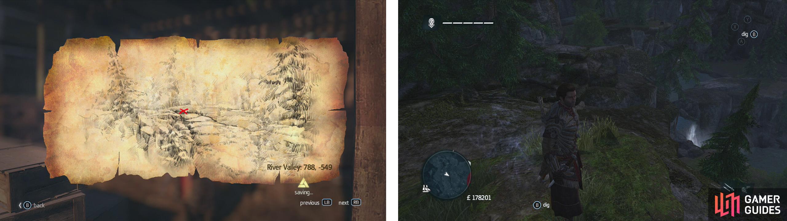 Go to the co-ordinates on the map (left) and find the location drawn (right) to find a dig spot.