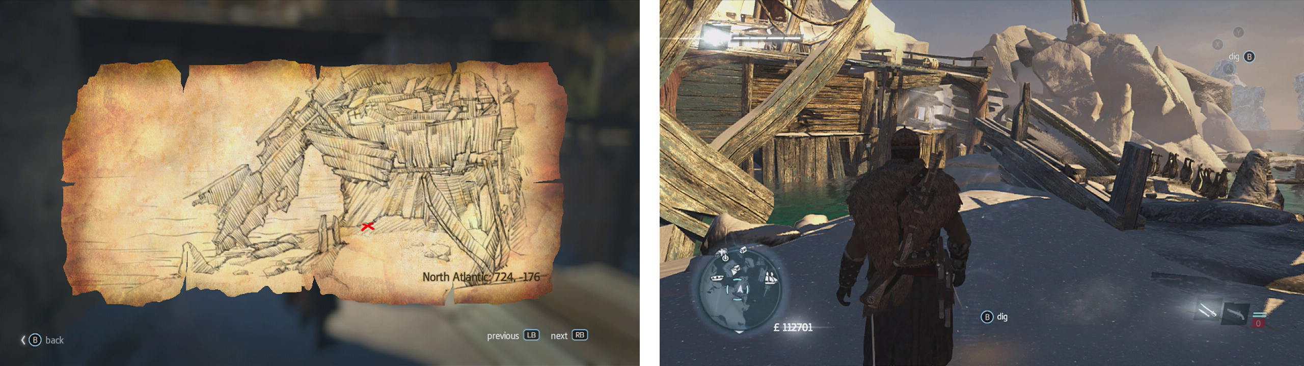 Go to the co-ordinates on the map (left) and find the location drawn (right) to find a dig spot.