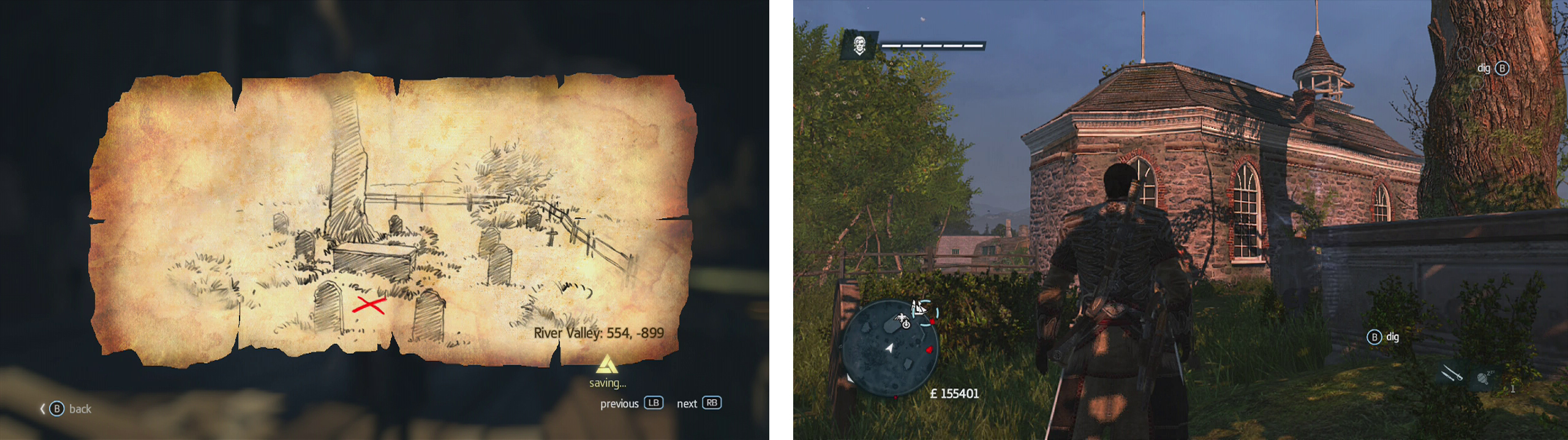 Go to the co-ordinates on the map (left) and find the location drawn (right) to find a dig spot.