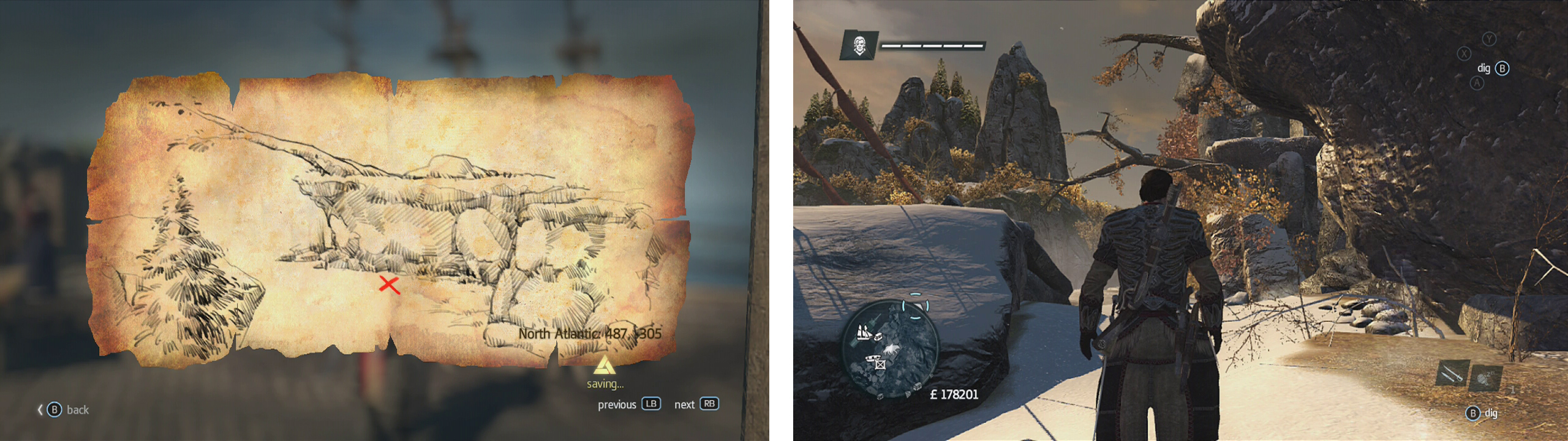 Go to the co-ordinates on the map (left) and find the location drawn (right) to find a dig spot.