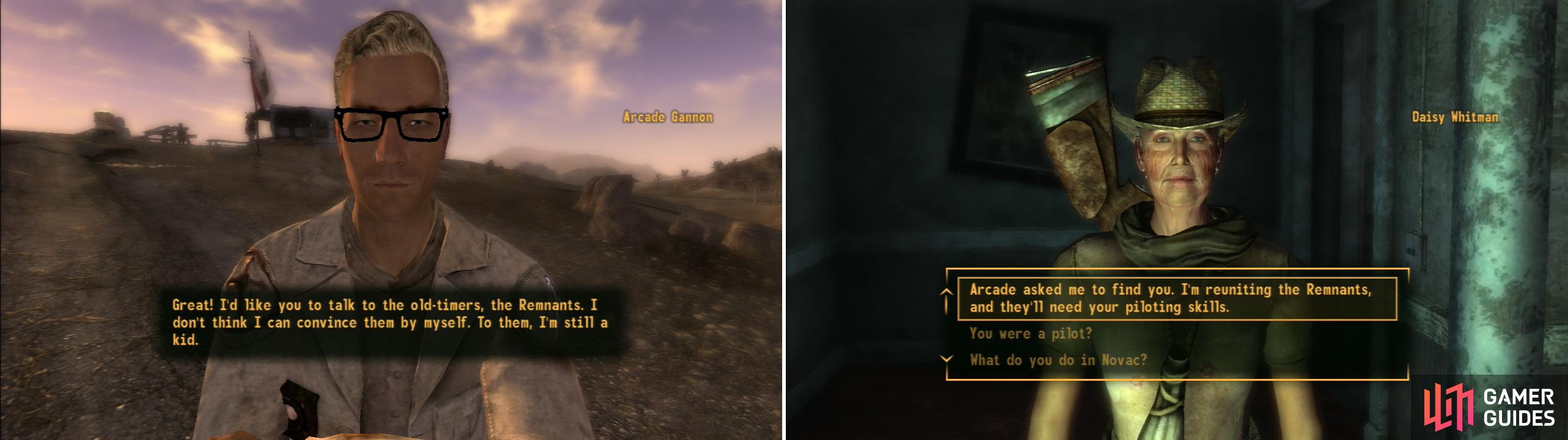 Earn Arcade Gannon’s trust and he’ll ask you to help gather the remnants (left). Talk to the remnants, tell them of the reunion, then listen to Arcade aftewards for some backstory (right).