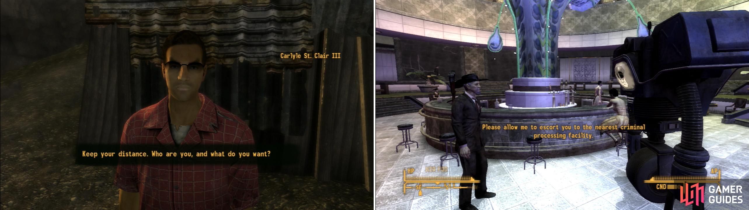 Find Carlyle St. Clair III north of New Vegas, who can be pacified intact in many, many ways (left). If you splash some of Ted’s blood around Heck’s room then tell a Securitron, you can frame Heck and draw suspicion away from the White Gloves (right).