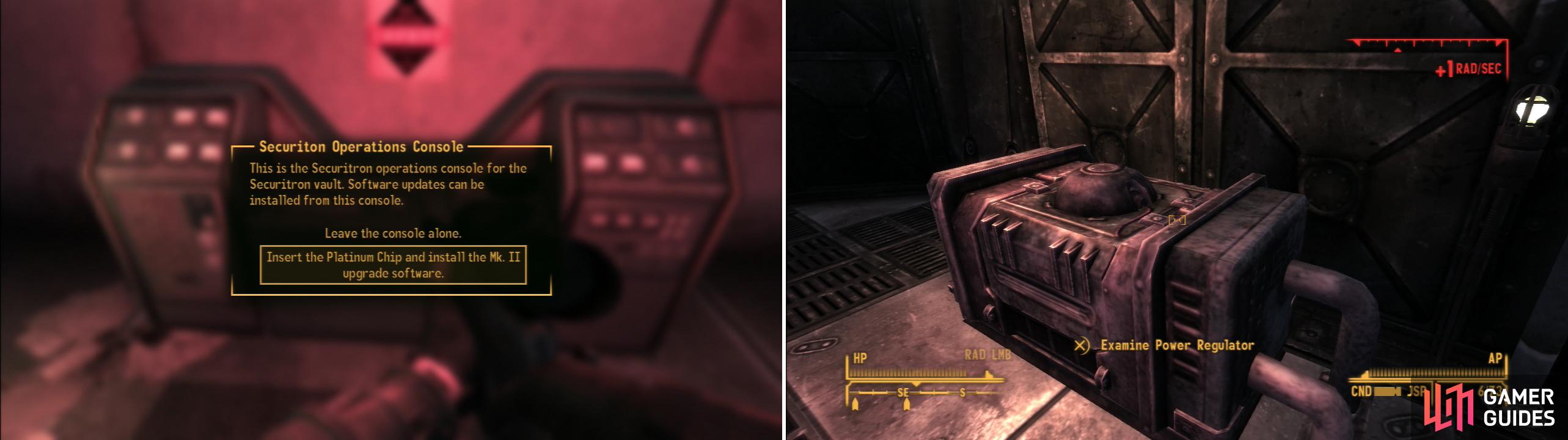 If you want to activate the Securitron army under Fortification Hill, insert the Platinum Chip into the Securitron Operations Console (left). Alternatively, to destroy the bunker, destroy each of the three Power Regulators (right).