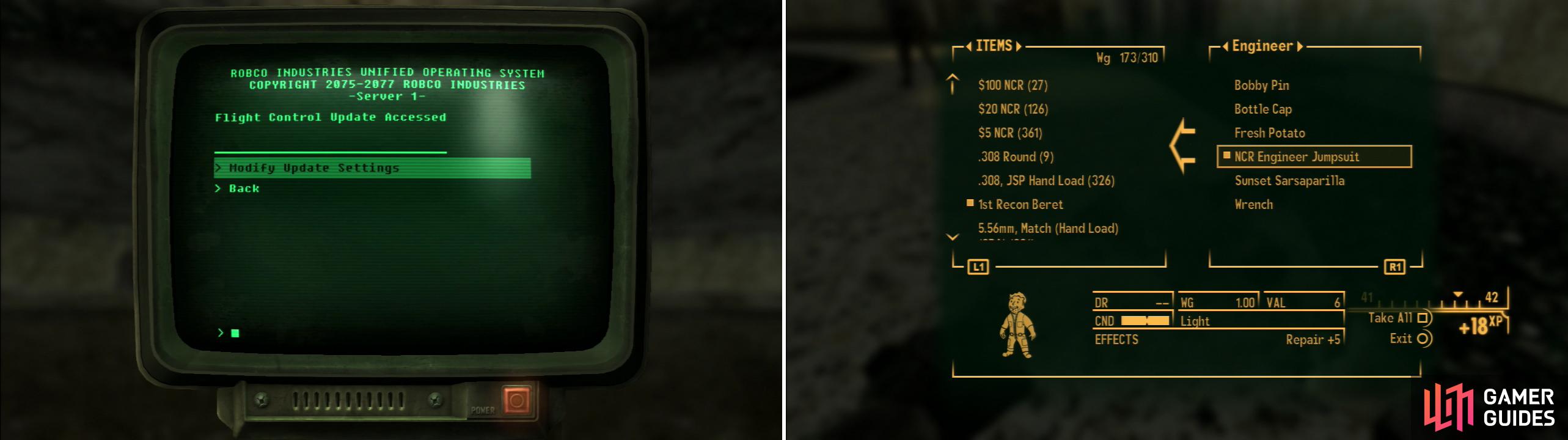 Hacking a Terminal in the Visitor’s Center will allow you to sabotage the flight controls on the President’s vertibird (left). You can alternatively find an Engineer wandering around in here, who can be sneakily killed and looted for their NCR Engineer Jumpsuit (right). This will allow you to reach the President’s Vertibird and plant the bomb on it.