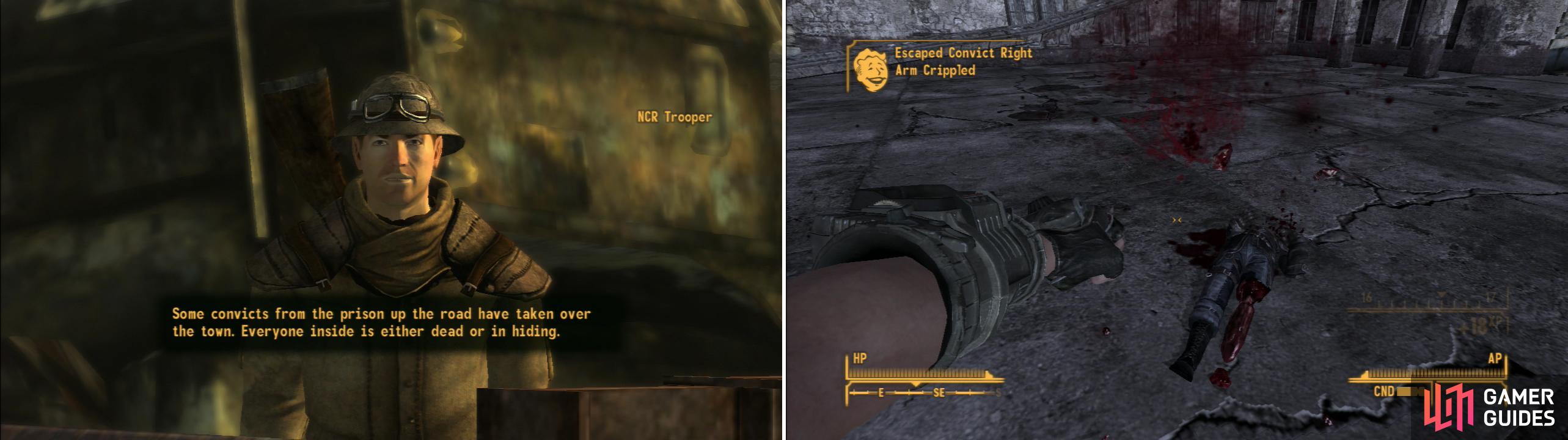 As you approach Primm, an NCR Trooper will stop you and warn you of the dangers within (left). Clear out the Escaped Convicts that hold Primm hostage (right).