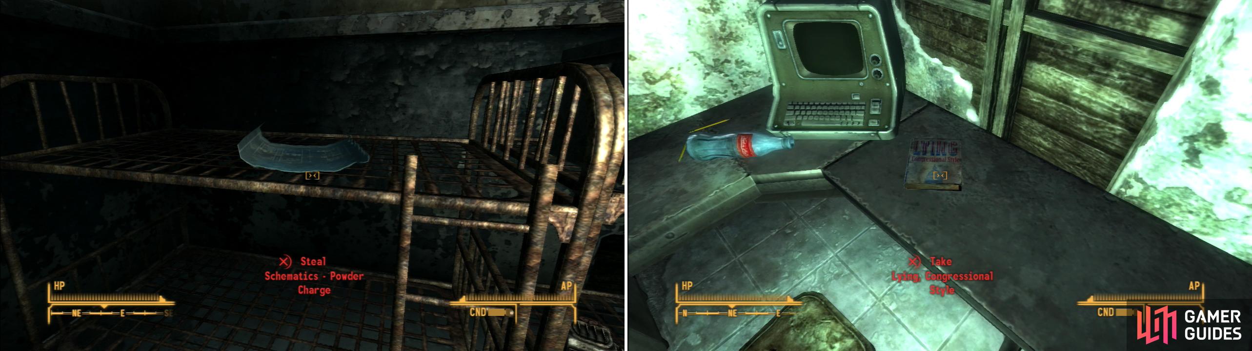 In Cell Block B you can find the Schematic - Powder Charge (left). Be sure to grab a copy of Lying, Congressional Style from a desk in the NCRCF Administration building (right).