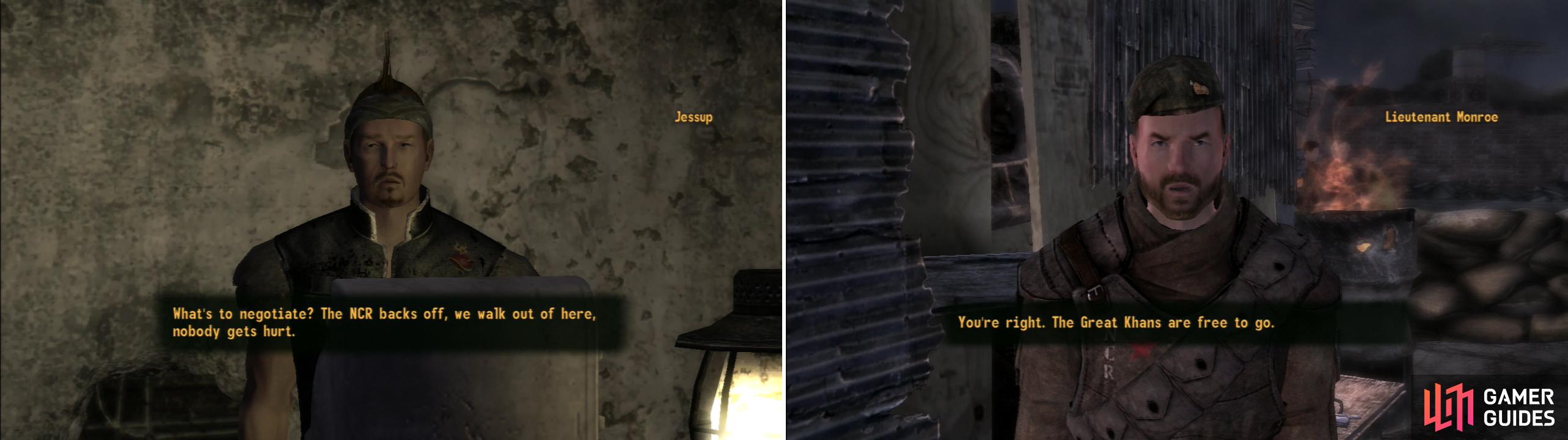 If you take a more diplomatic approach, however, you can get the Khans to release their hostages (left) after which you’ll need to convince Lieutenant Monroe to live up to his end of the bargain (right).