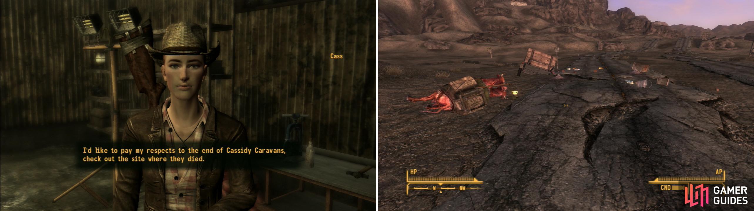 Cass - after joining up with you - will ask to go pay respects to her fallen caravan (left). Go find the ruins of Cassidy Caravans along the southern outskirts of New Vegas (right).