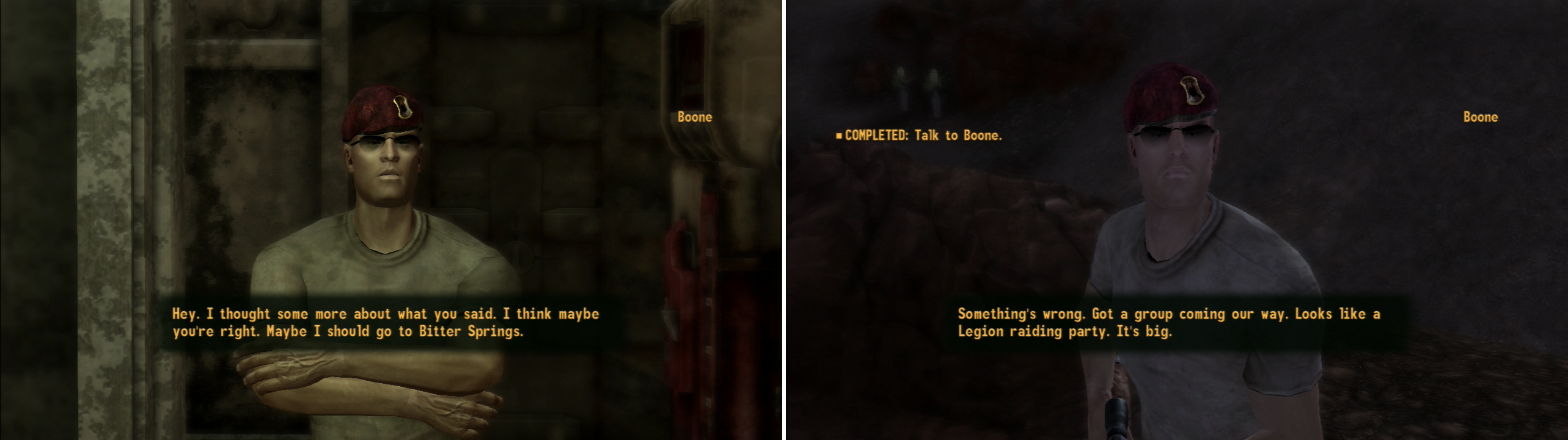 Once you’ve earned enough trust with Boone, he’ll finally open up about his past (left). Take him back to Bitter Springs, where he’ll become fatalistic in the face of a Legion attack (right).