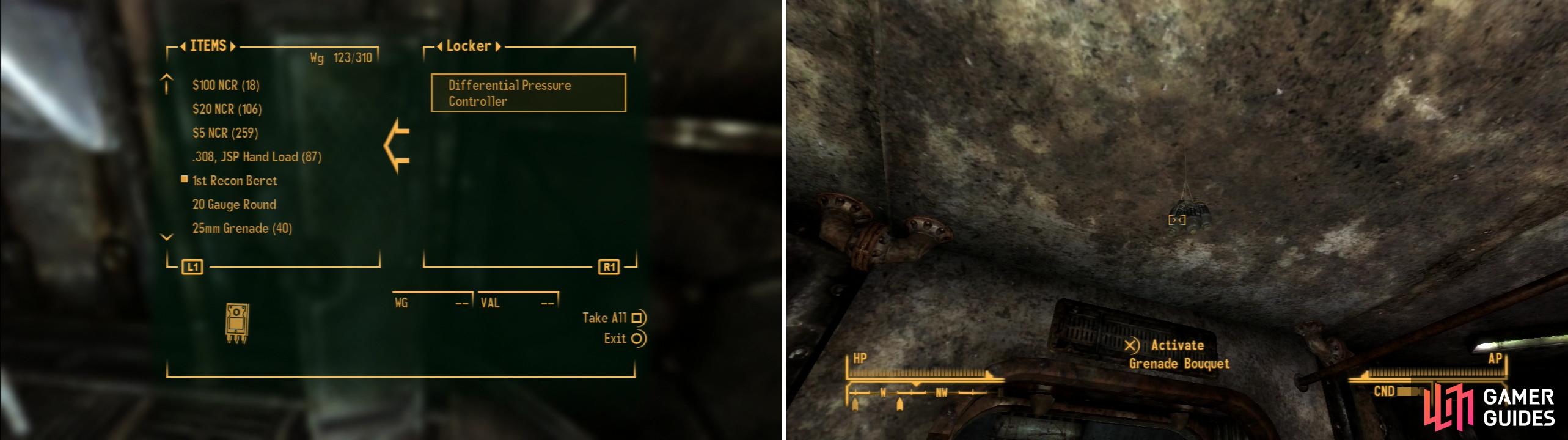 Find the Differential Pressure Controller in a submerged locker (left). Bugs aren’t the only threat left in this vault; remnants of the civil strife like this Grenade Bouquet remain behind (right).