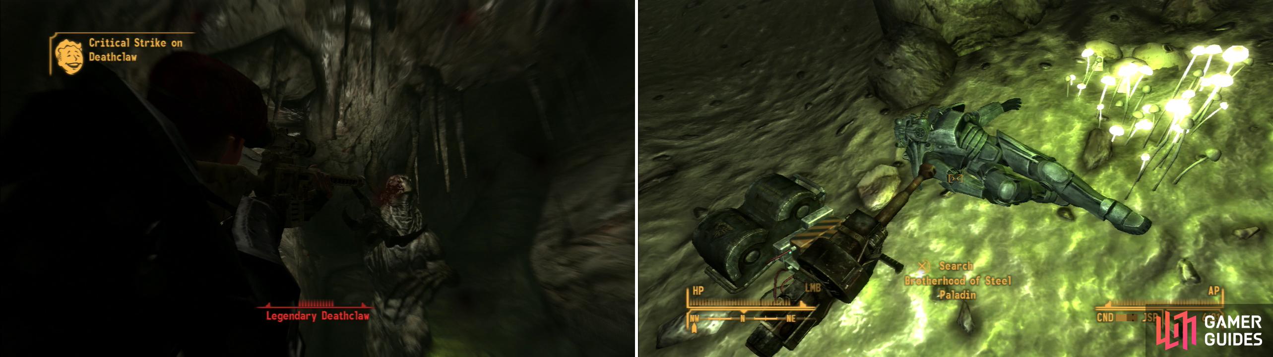 Use whatever chems you have and the best weapons you have available - only the strongest will emerge victorious from a fight with the Legendary Deathclaw (left). If you survive, you’ll be able to claim the unique Grenade Machinegun, Mercy (right).