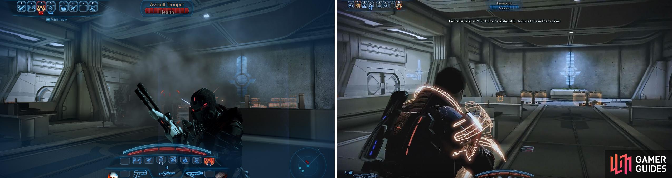 Upgraded rifle scopes can help you see through smoke grenades (left). Watch out for barrier generators (right) which can be destroyed.