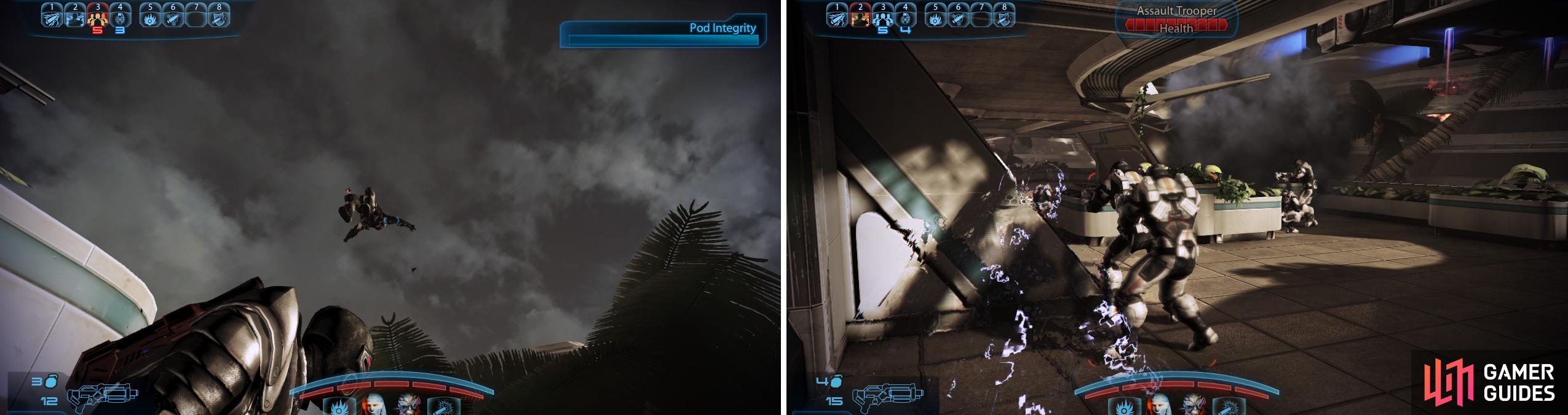 Shooting Cerberus Troops whilst they’re still inside their shuttle can provide some amusing results (left). Infiltrators can use cloak to get behind the enemy and decimate their ranks (right).