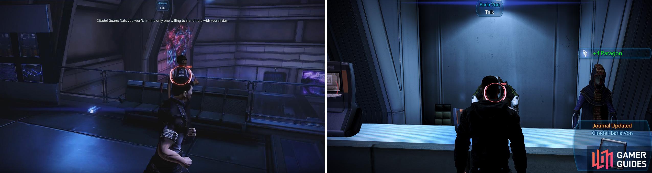 Speak to Alison to after getting the power grid components during the N7: Cerberus Attack mission (left). The information broker Barla Von has a mission for you (right).