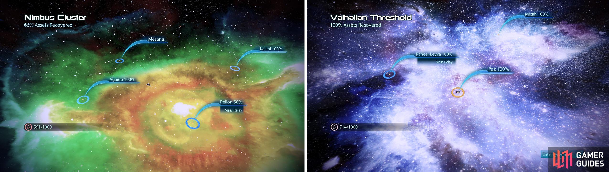 This massive galaxy holds a few items of interest as well as an enormous amount of fuel (left). You will use up a fair amount of fuel exploring this galaxy so be sure to scan for fuel wrecks (right).