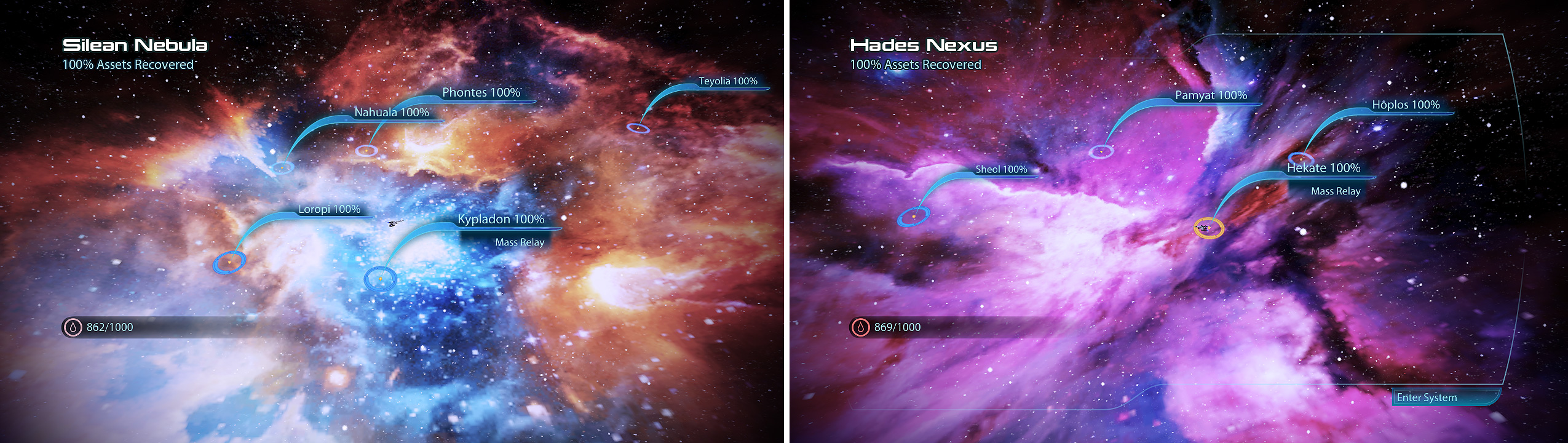 A story side mission, a Citadel side mission and a few other secrets lie in this galaxy (left). There’s another Citadel side mission artifact to discover as well as the usual fuel and War Assets (right).