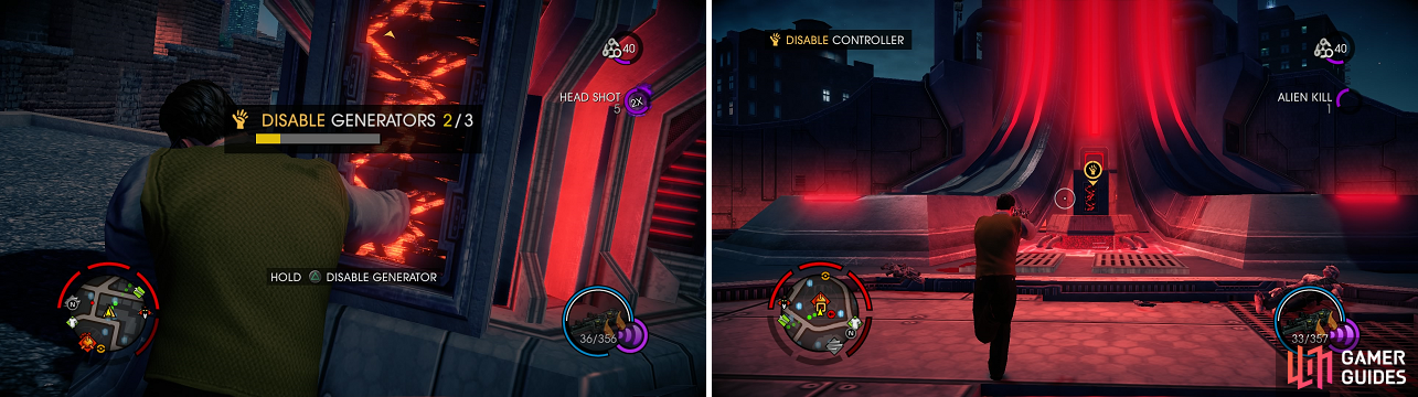 Disable the generators (left) to bring down the shield, so you can shut down the Hotspot’s main control panel (right).