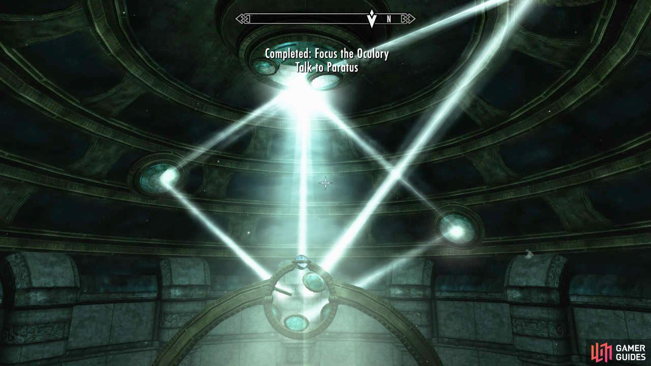 Equip the spells you learn and use them on the crystal (in the middle of the room) until all three lights are in the MIDDLE of different wall rings. Now, use the buttons up above to rotate the wall rings so that the light hits the mirrors. Once you do so, a map appears on the wall underneath the place you were just standing.