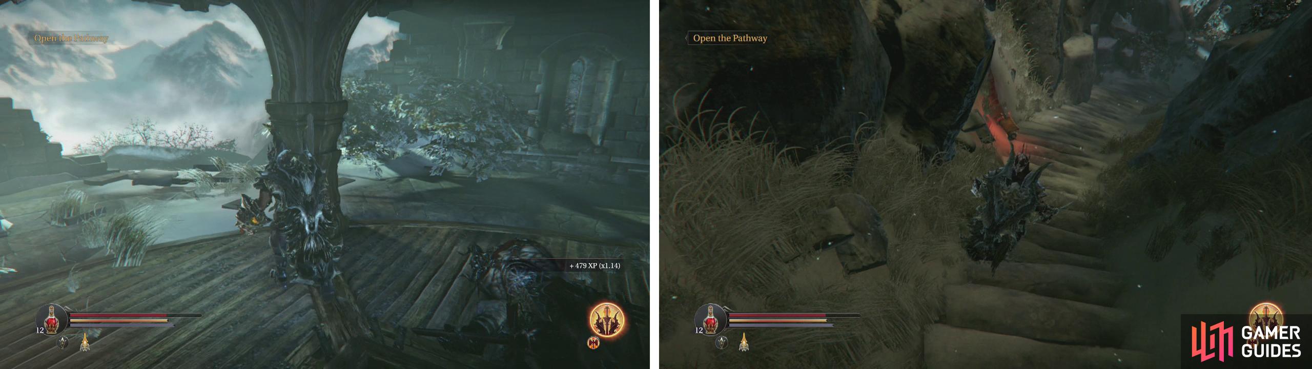 From the Burned Watchtower drop down from the broken wall to a path below (left). here you’ll find a chest and an Audio Note (right).