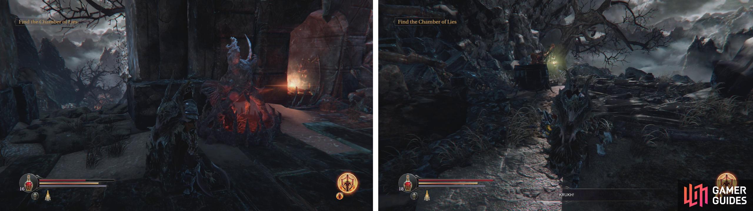 Continue down the snowy path to the Abandoned Range (left). You’ll find the Crippled Rhogar by the entrance to the temple (right).