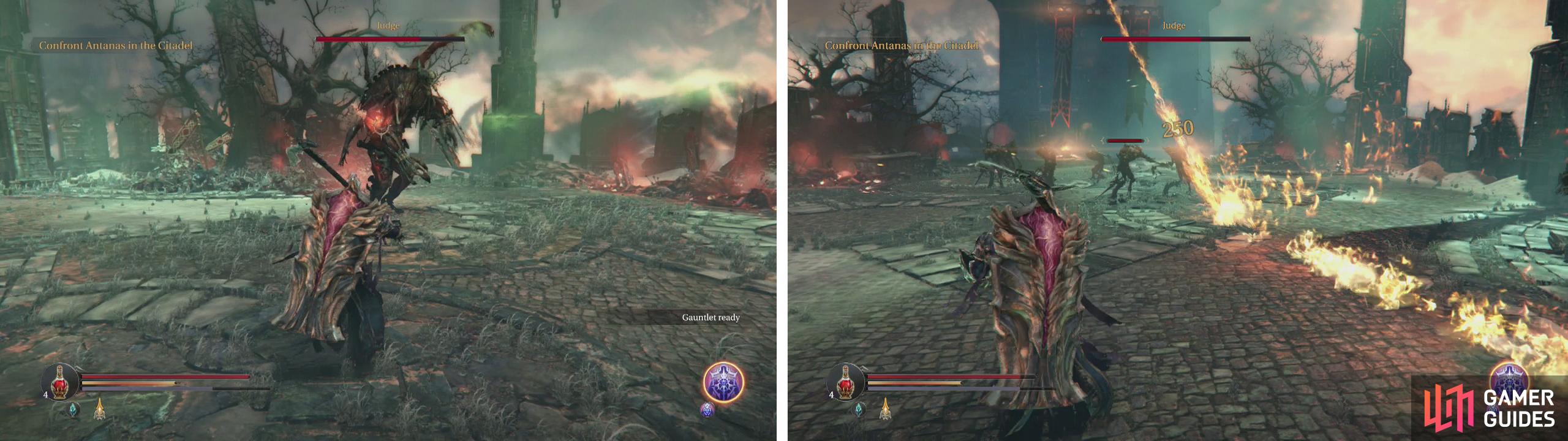 When the boss summons Infected, be sure to wail on him (left). Avoid the fire lines he shoots at all costs (right).